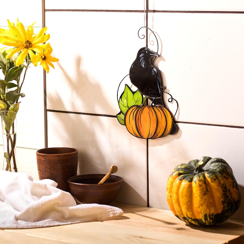 Handmade Stained Glass Crow on Pumpkin Suncatcher | Autumn Window Decor | Halloween Raven Art | Black Bird Glass Ornament | Fall Home Gift