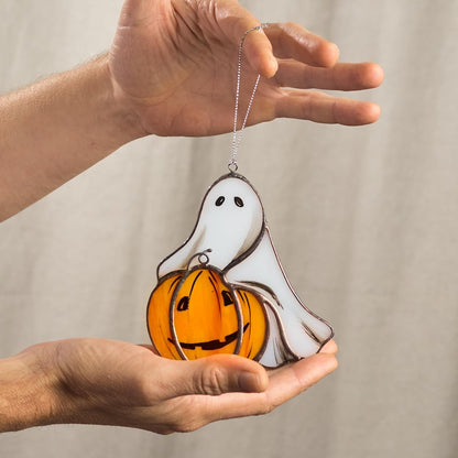 Stained Glass Ghost Suncatcher with Pumpkin: Halloween Window Decor