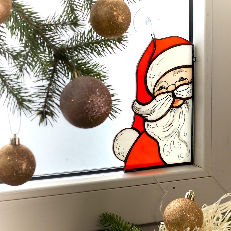 Stained Glass Santa Claus – Christmas Window Corner Decor, Holiday Santa Sun Catcher