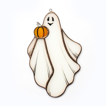 Handmade Stained Glass Ghost with Pumpkin - Halloween Window Suncatcher Decor