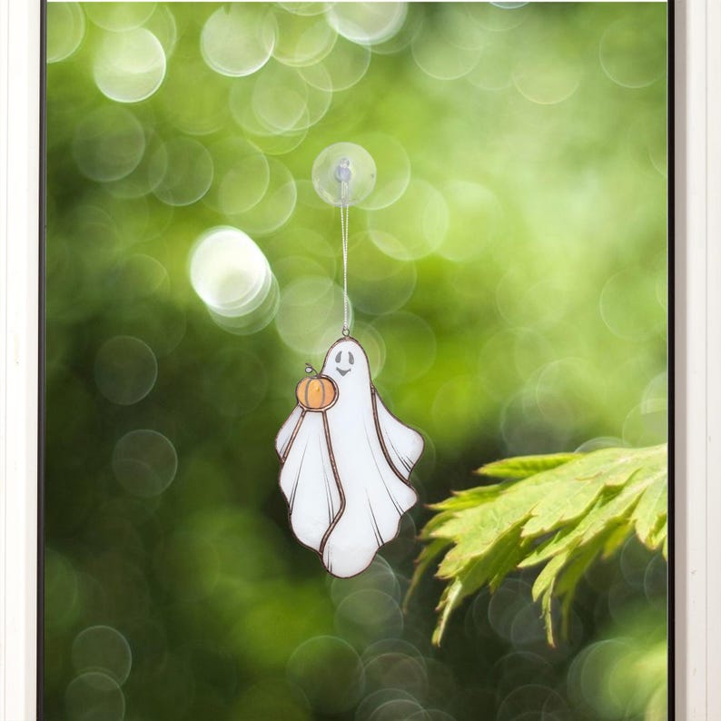 Handmade Stained Glass Ghost with Pumpkin - Halloween Window Suncatcher Decor