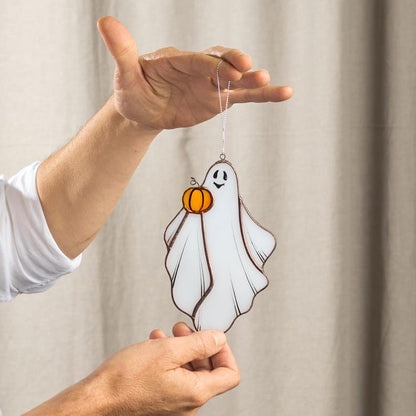 Handmade Stained Glass Ghost with Pumpkin - Halloween Window Suncatcher Decor