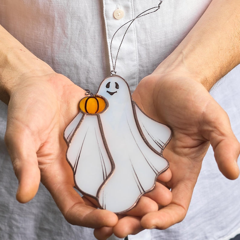 Handmade Stained Glass Ghost with Pumpkin - Halloween Window Suncatcher Decor