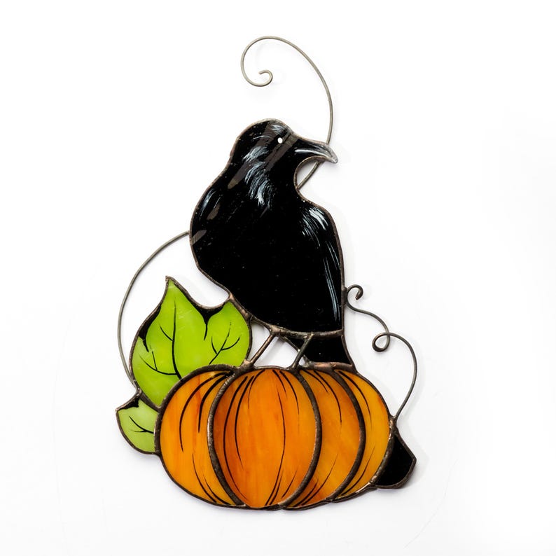 Handmade Stained Glass Crow on Pumpkin Suncatcher | Autumn Window Decor | Halloween Raven Art | Black Bird Glass Ornament | Fall Home Gift
