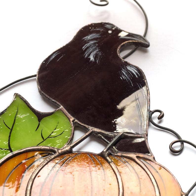 Handmade Stained Glass Crow on Pumpkin Suncatcher | Autumn Window Decor | Halloween Raven Art | Black Bird Glass Ornament | Fall Home Gift