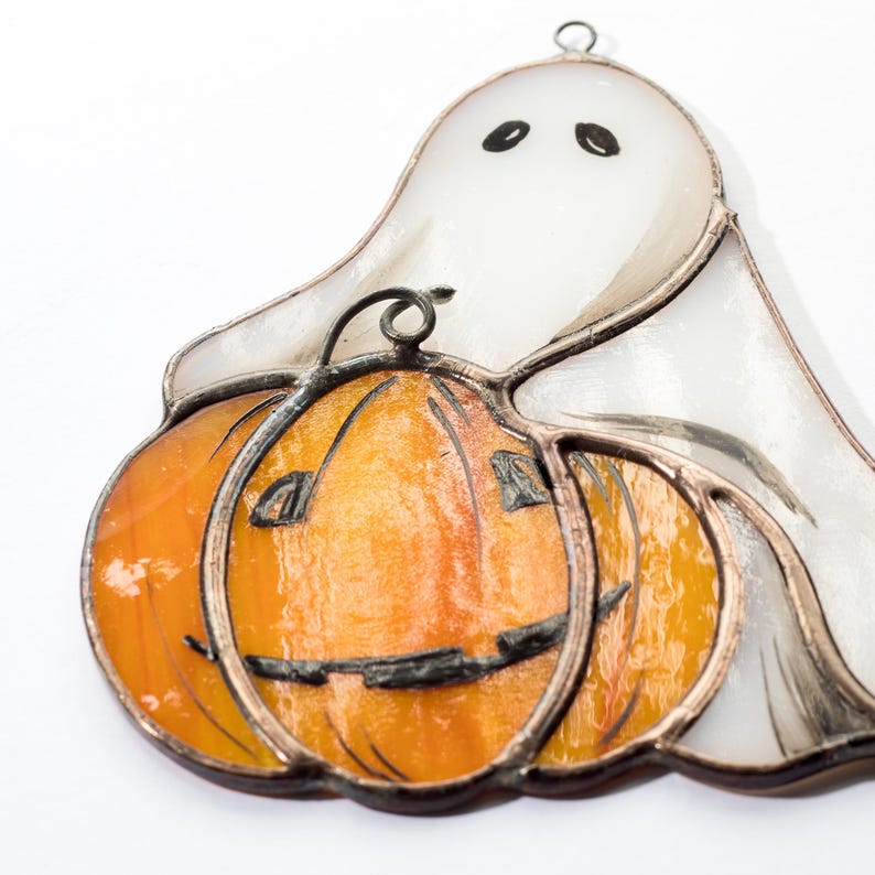 Stained Glass Ghost Suncatcher with Pumpkin: Halloween Window Decor