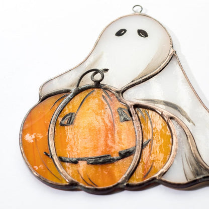 Stained Glass Ghost Suncatcher with Pumpkin: Halloween Window Decor
