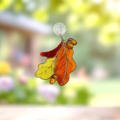 Handcrafted Stained Glass Oak Leaf Suncatcher – Autumn Window Decor