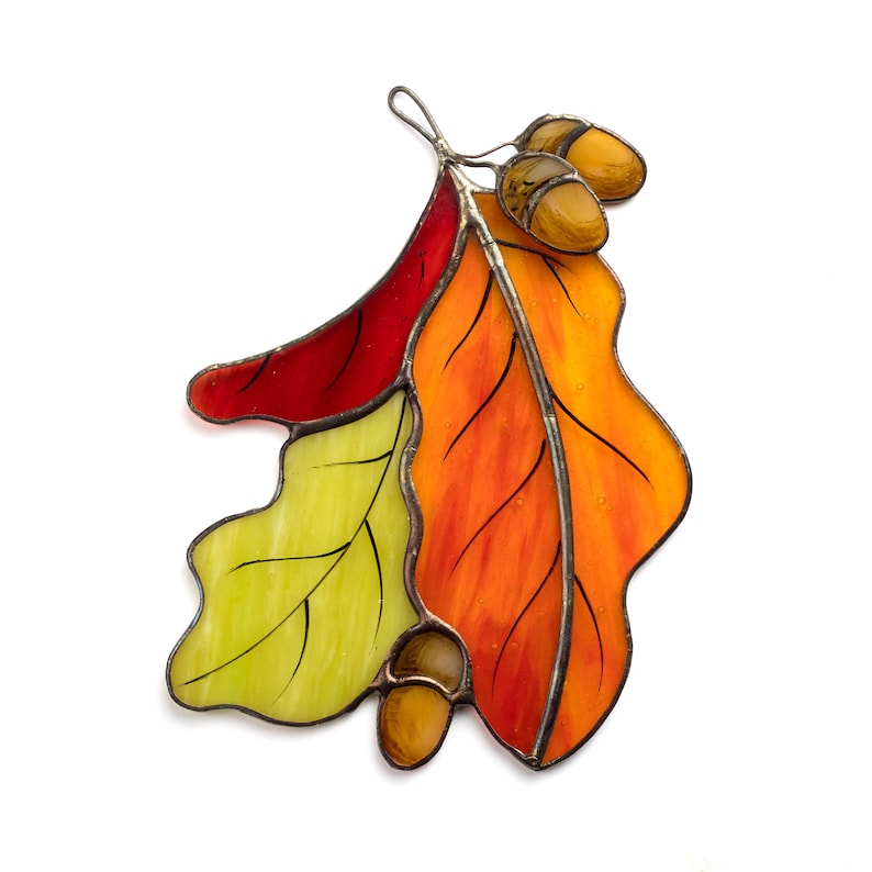 Handcrafted Stained Glass Oak Leaf Suncatcher – Autumn Window Decor
