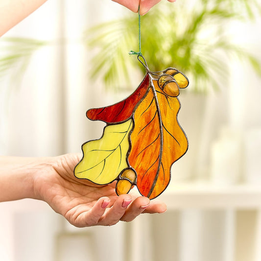 Handcrafted Stained Glass Oak Leaf Suncatcher – Autumn Window Decor