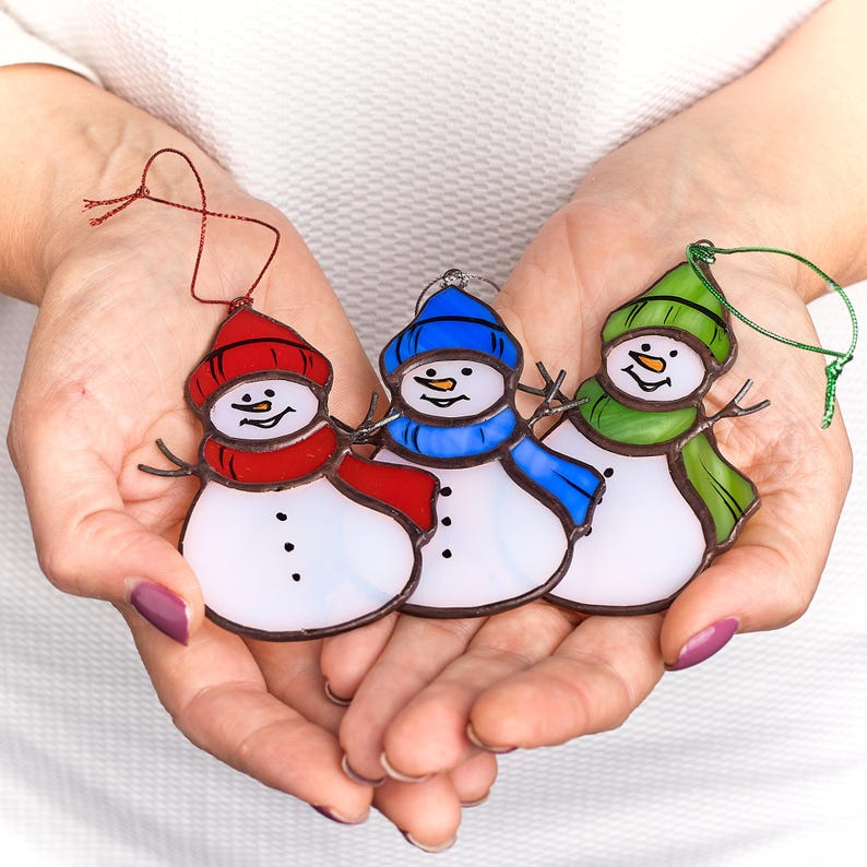 Stained Glass Snowman Christmas Tree Decorations, Xmas tree hanging ornaments, Christmas holiday home decor