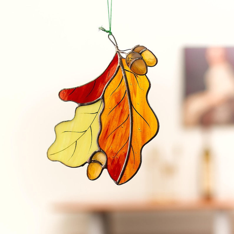 Handcrafted Stained Glass Oak Leaf Suncatcher – Autumn Window Decor