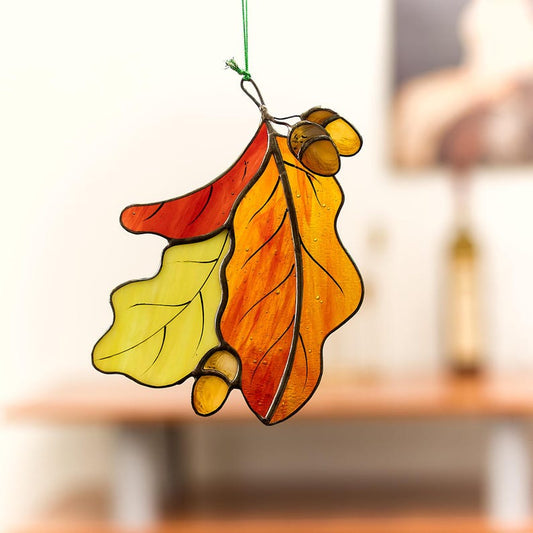 Handcrafted Stained Glass Oak Leaf Suncatcher – Autumn Window Decor