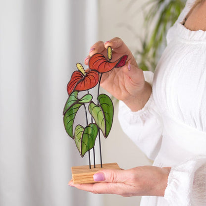 Stained Glass Anthurium Sculpture – Red Tropical Floral Decor