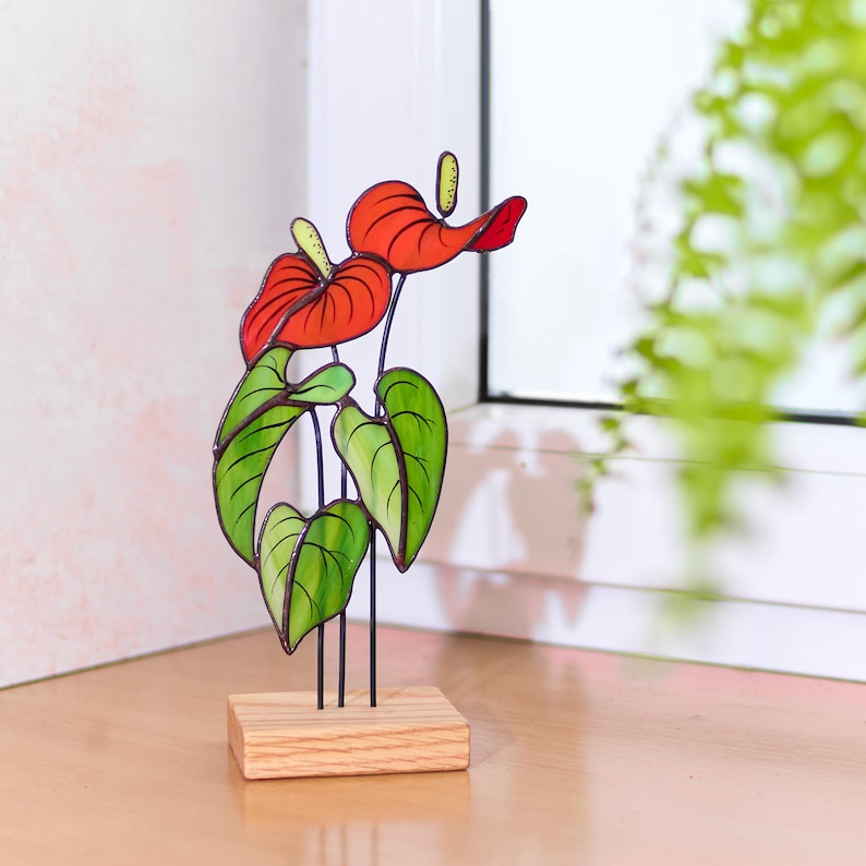 Stained Glass Anthurium Sculpture – Red Tropical Floral Decor