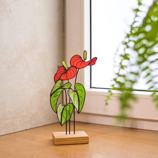 Stained Glass Anthurium Sculpture – Red Tropical Floral Decor