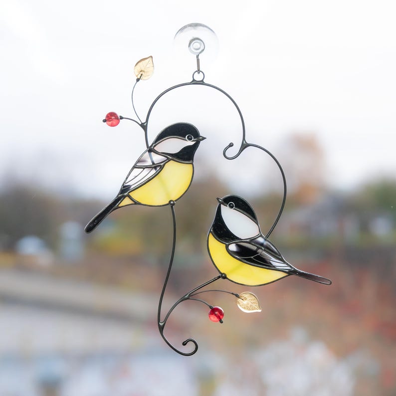 Couple of chickadees stained glass suncatcher Gifts Parents Christmas Bird stained glass window hangings Handmade gifts