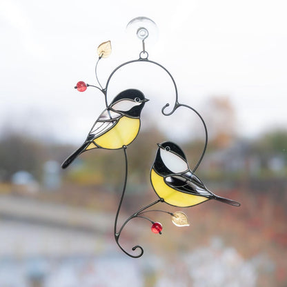 Couple of chickadees stained glass suncatcher Gifts Parents Christmas Bird stained glass window hangings Handmade gifts