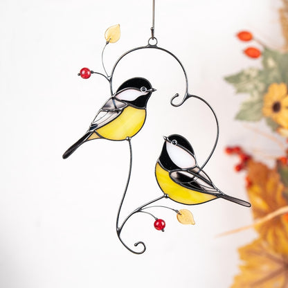 Couple of chickadees stained glass suncatcher Gifts Parents Christmas Bird stained glass window hangings Handmade gifts