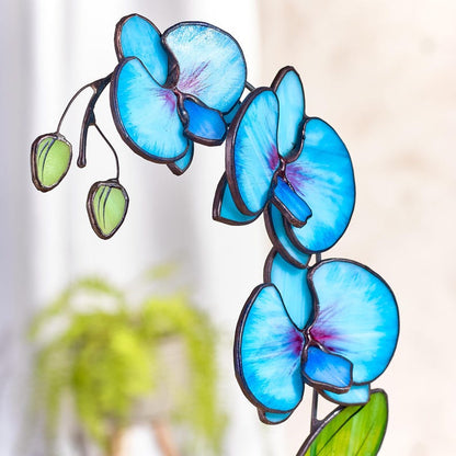 Stained Glass Blue Orchid | Freestanding Orchid Decor | Tiffany Glass Orchid Flower Gift | Botanical Glass Art & Bloom Decor | Table top