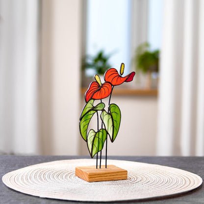Stained Glass Anthurium Sculpture – Red Tropical Floral Decor
