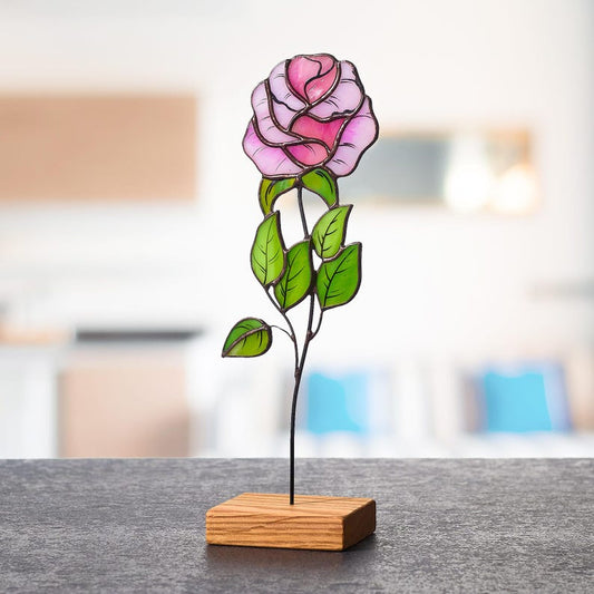 Pink Stained Glass Rose - Symbol of Love and Beauty | Elegant Floral Decor | Tiffany Glass Art | Romantic Gift for Her Evergreen flower