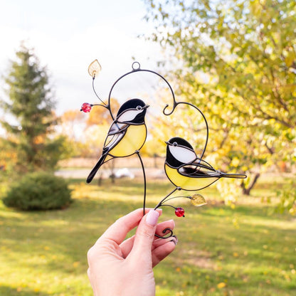 Couple of chickadees stained glass suncatcher Gifts Parents Christmas Bird stained glass window hangings Handmade gifts