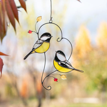 Couple of chickadees stained glass suncatcher Gifts Parents Christmas Bird stained glass window hangings Handmade gifts