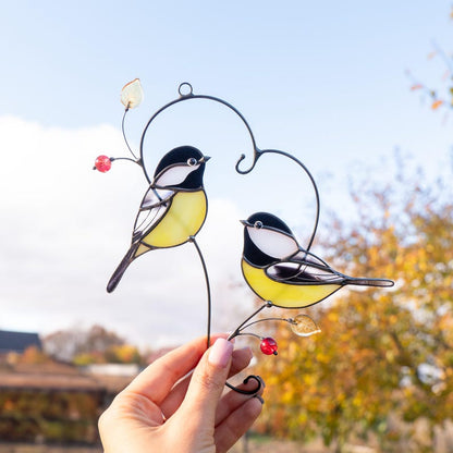 Couple of chickadees stained glass suncatcher Gifts Parents Christmas Bird stained glass window hangings Handmade gifts