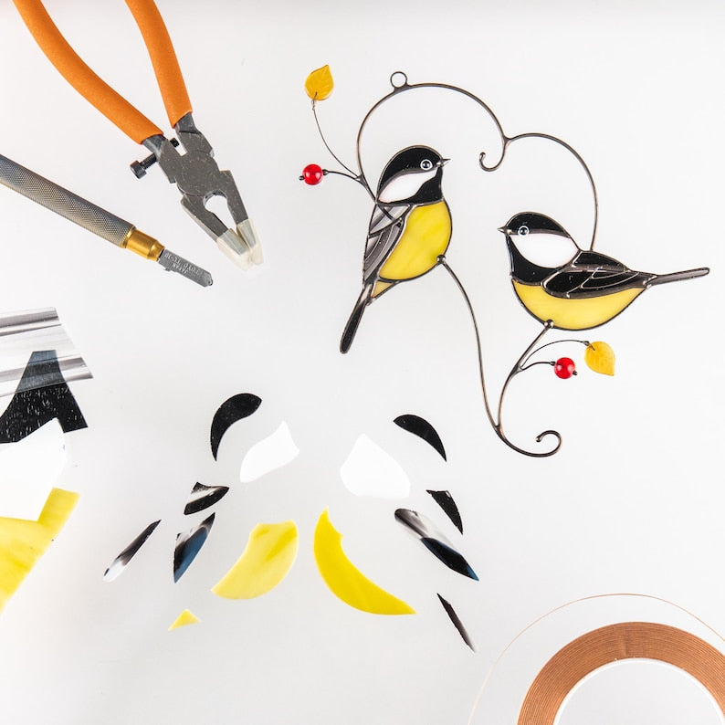 Couple of chickadees stained glass suncatcher Gifts Parents Christmas Bird stained glass window hangings Handmade gifts