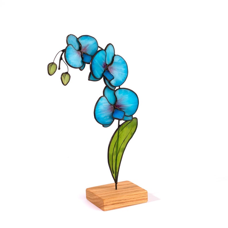 Stained Glass Blue Orchid | Freestanding Orchid Decor | Tiffany Glass Orchid Flower Gift | Botanical Glass Art & Bloom Decor | Table top