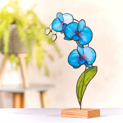 Stained Glass Blue Orchid | Freestanding Orchid Decor | Tiffany Glass Orchid Flower Gift | Botanical Glass Art & Bloom Decor | Table top