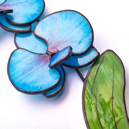 Stained Glass Blue Orchid | Freestanding Orchid Decor | Tiffany Glass Orchid Flower Gift | Botanical Glass Art & Bloom Decor | Table top