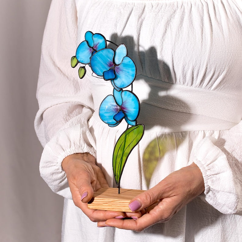 Stained Glass Blue Orchid | Freestanding Orchid Decor | Tiffany Glass Orchid Flower Gift | Botanical Glass Art & Bloom Decor | Table top