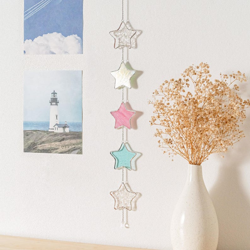 Boho Stained Glass Star Garland, Colorful Window Decor, Handmade Light Catcher for Home Decoration Q10