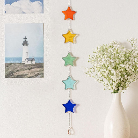 Boho Stained Glass Star Garland, Colorful Window Decor, Handmade Light Catcher for Home Decoration Q10