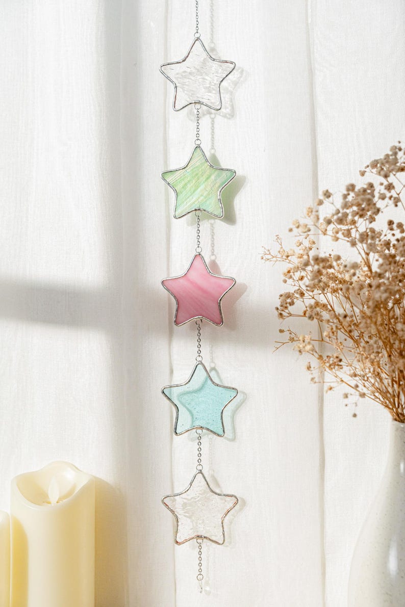 Boho Stained Glass Star Garland, Colorful Window Decor, Handmade Light Catcher for Home Decoration Q10