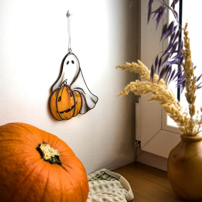 Stained Glass Ghost Suncatcher with Pumpkin: Halloween Window Decor