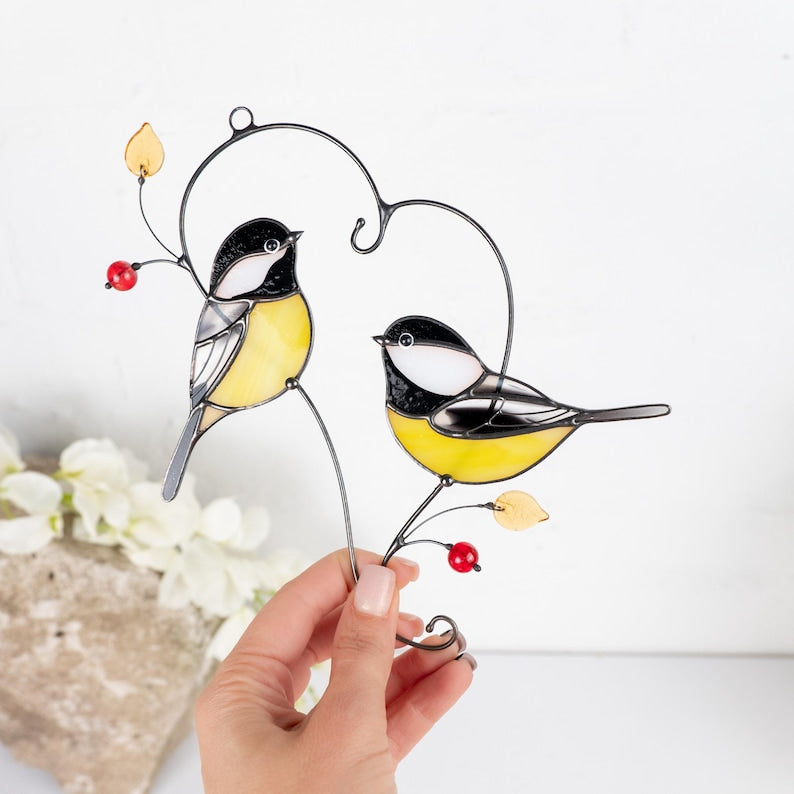 Couple of chickadees stained glass suncatcher Gifts Parents Christmas Bird stained glass window hangings Handmade gifts