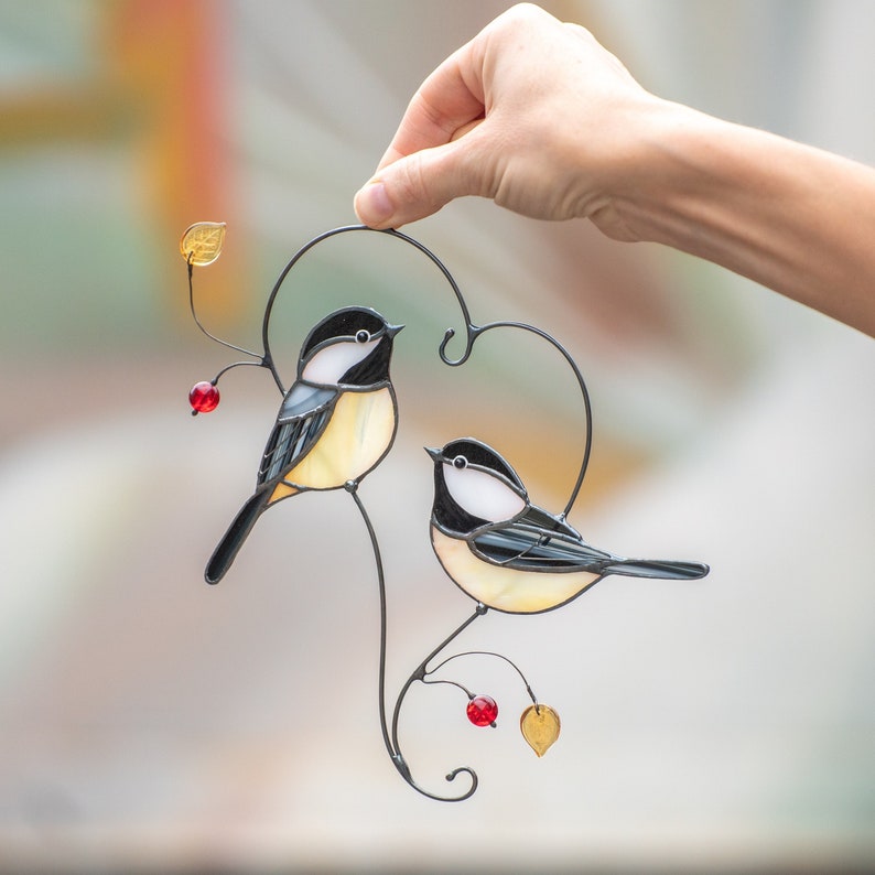 Couple of chickadees stained glass suncatcher Gifts Parents Christmas Bird stained glass window hangings Handmade gifts