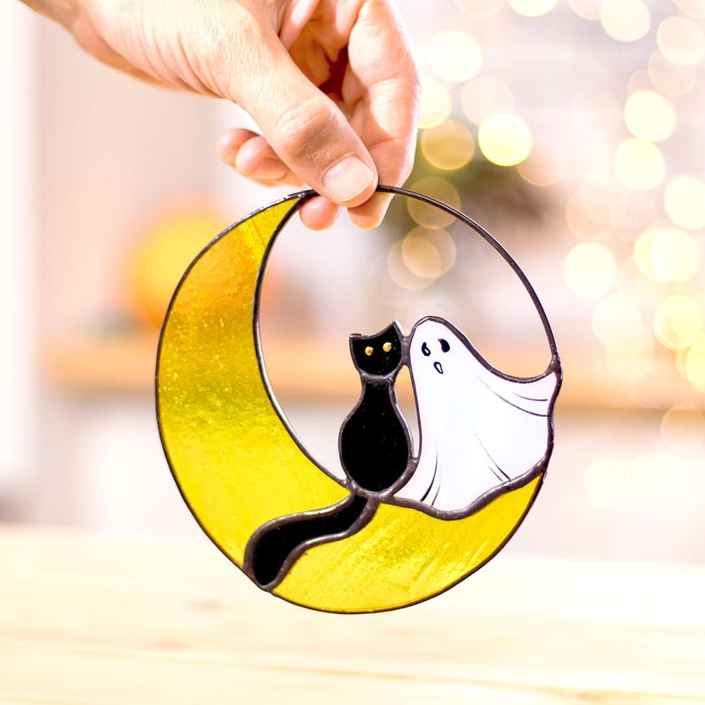 Ghost and Cat on the Moon Stained Glass Suncatcher, Halloween Window or Wall Decor
