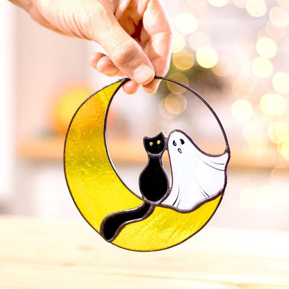 Ghost and Cat on the Moon Stained Glass Suncatcher, Halloween Window or Wall Decor