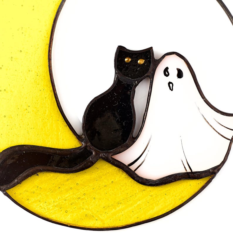 Ghost and Cat on the Moon Stained Glass Suncatcher, Halloween Window or Wall Decor