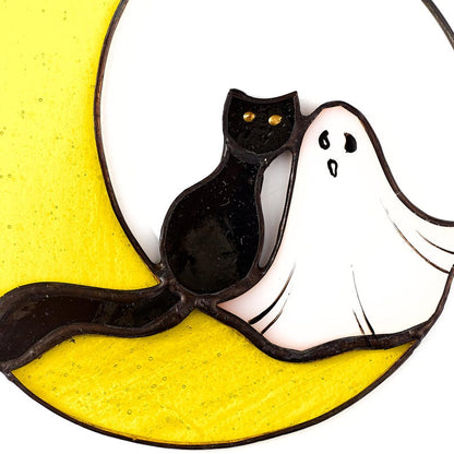 Ghost and Cat on the Moon Stained Glass Suncatcher, Halloween Window or Wall Decor