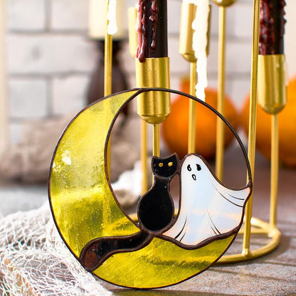 Ghost and Cat on the Moon Stained Glass Suncatcher, Halloween Window or Wall Decor