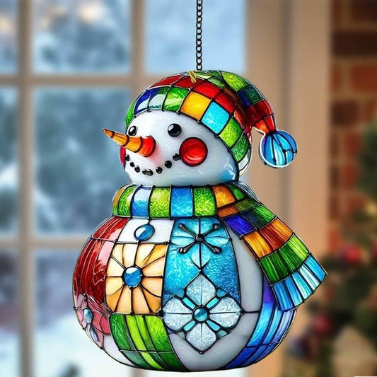 Patchwork Snowman Christmas Acrylic Suncatcher: Holiday Window Ornament