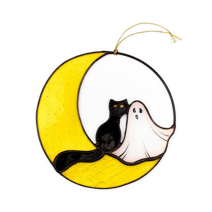 Ghost and Cat on the Moon Stained Glass Suncatcher, Halloween Window or Wall Decor