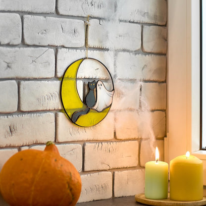 Ghost and Cat on the Moon Stained Glass Suncatcher, Halloween Window or Wall Decor