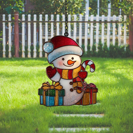 Christmas Snowman Suncatcher, Snowman Gift Winter Suncatcher with Cozy Hats, Snowflake Details & Glow, Christmas Gift Decor