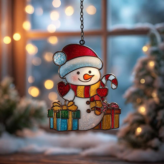 Christmas Snowman Suncatcher, Snowman Gift Winter Suncatcher with Cozy Hats, Snowflake Details & Glow, Christmas Gift Decor